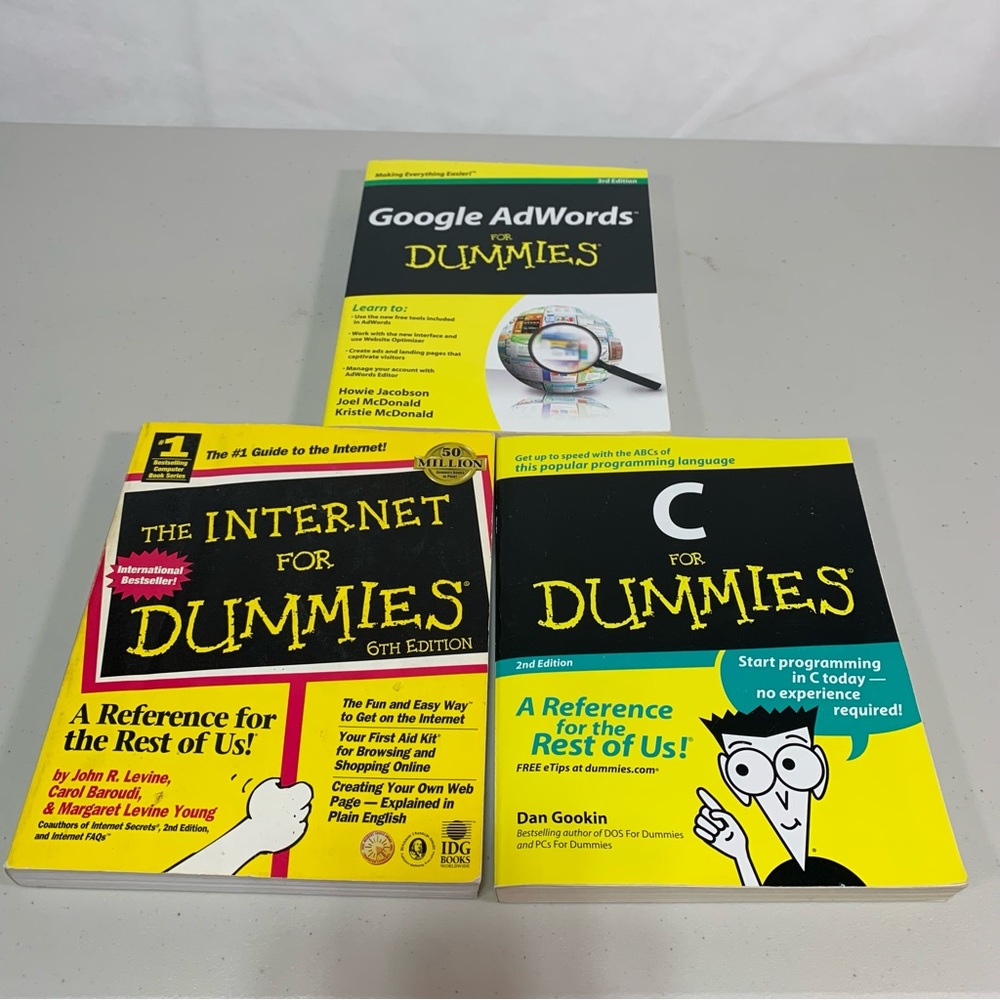 3 sets of paper back books for Dummies. The Internet,C & Google Adwords